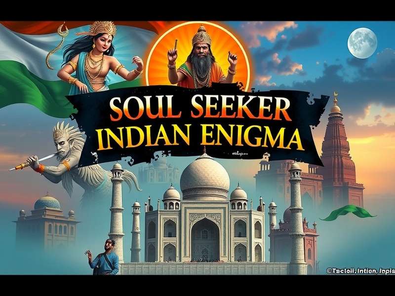Soul Seeker Indian Enigma Official Banner featuring Indian mythological figures, historical landmarks like Taj Mahal and Konark Sun Temple, and puzzle elements